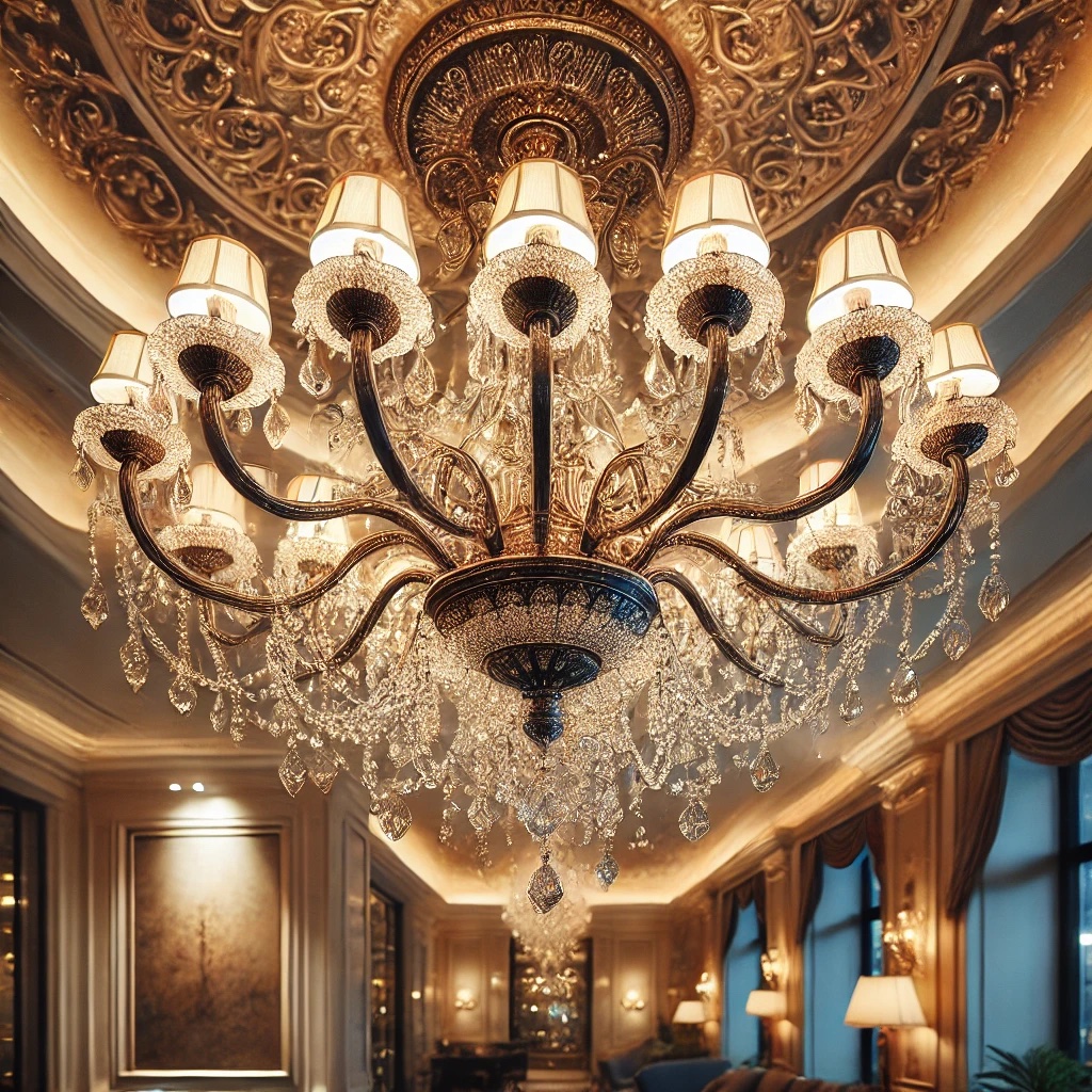 A Chandelier hanging in a luxurious living room