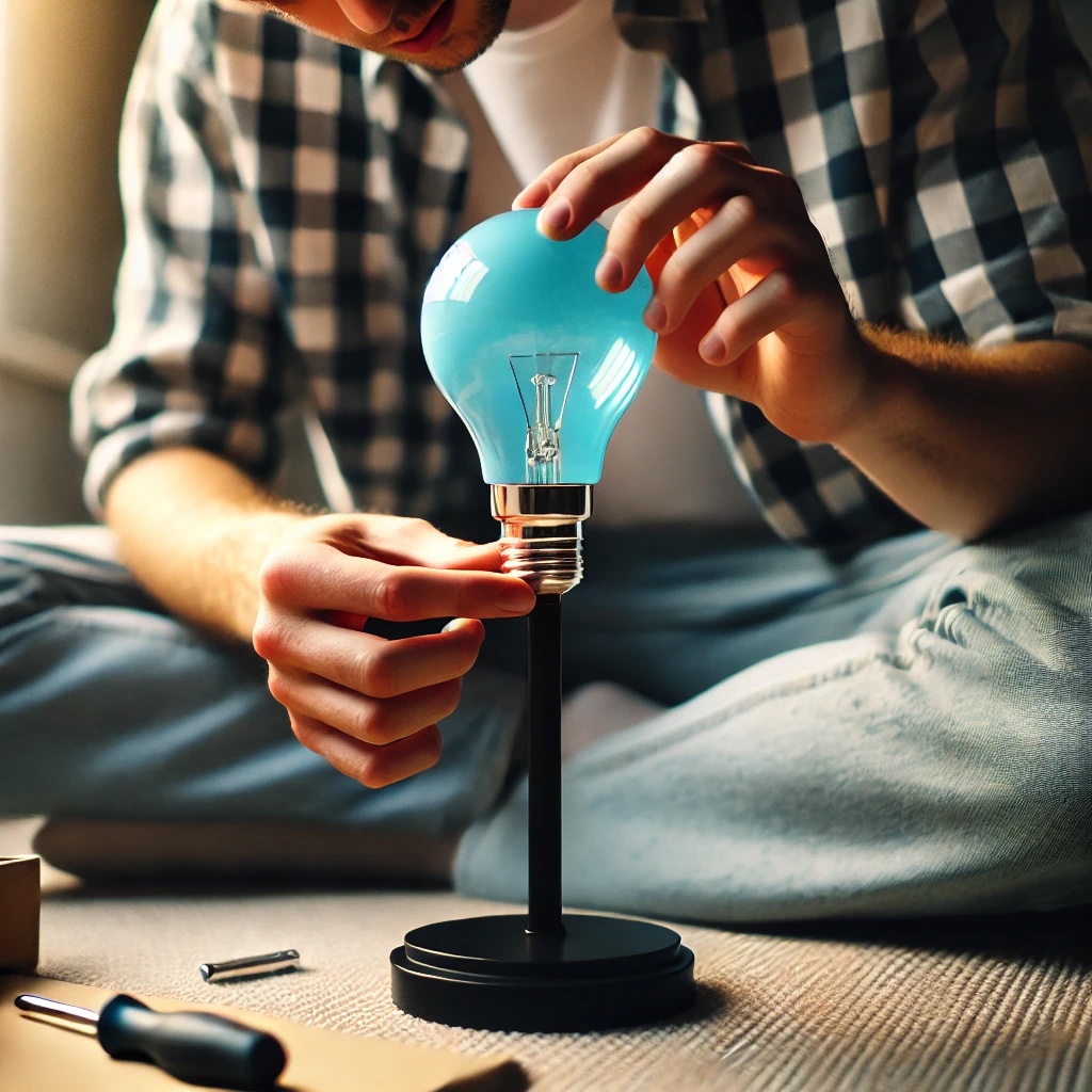 A man repairing a short desk lamp