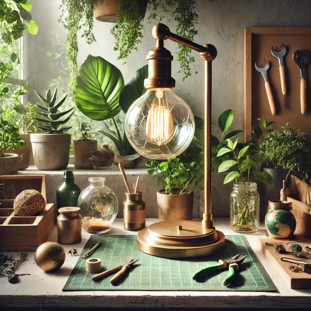 A lamp sitting on a desk mat, surrounded with green leaves and plants, representing sustainability.