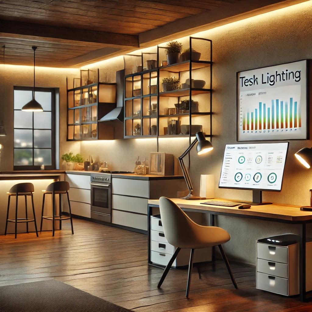 A home office featuring an abundance of lights.