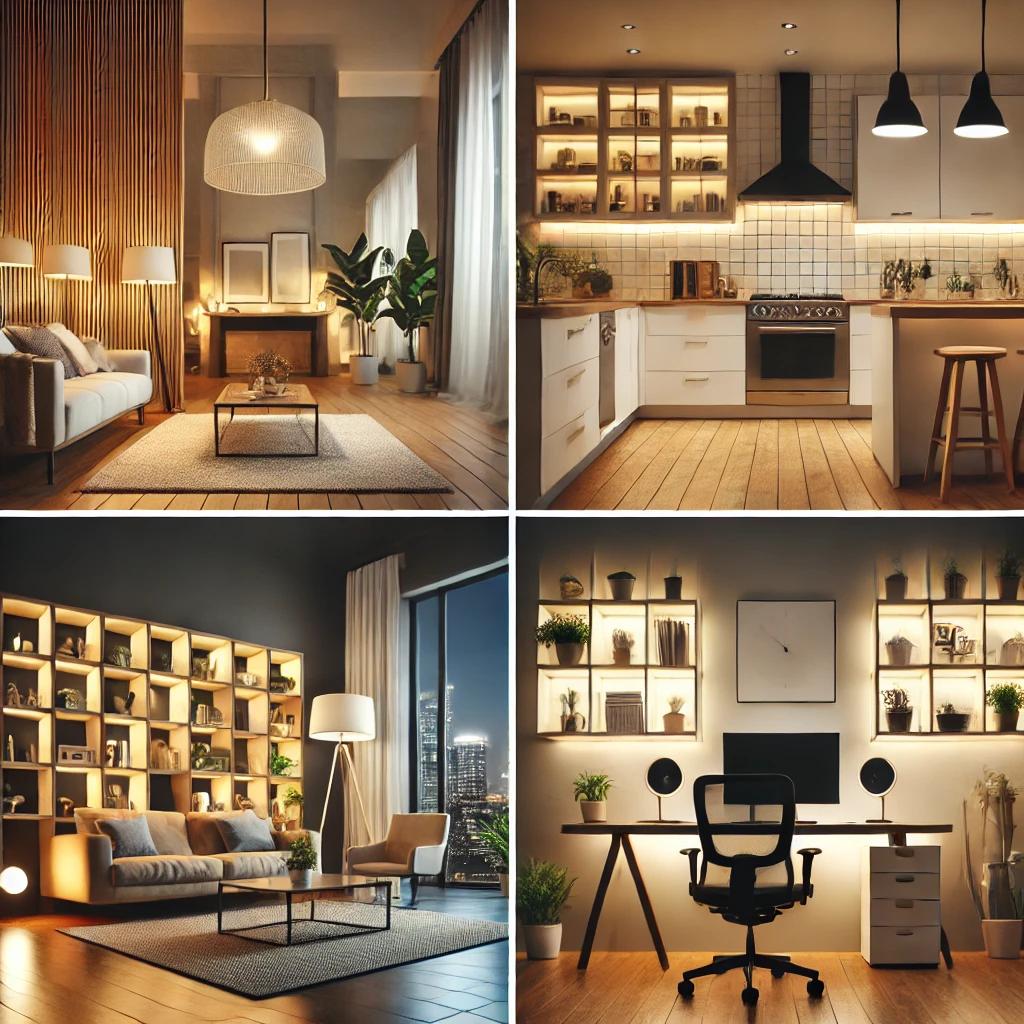 A 2x2 grid depicting home, kitchen, office, and studio lighting.
