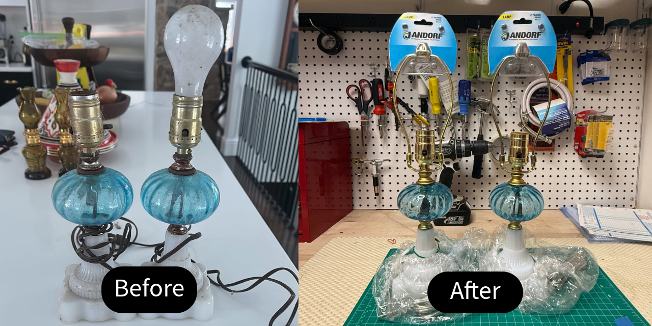 Side-by-side comparison of a pair of vintage blue glass lamps before and after restoration, showing rewired sockets, new harps, and refreshed bases.