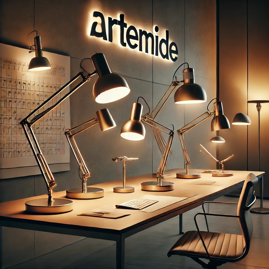 A sophisticated Artemide lighting display featuring the iconic Tizio and Tolomeo lamps in a sleek, modern workspace with warm ambient lighting, highlighting precision engineering, adjustable functionality, and Italian design elegance.
