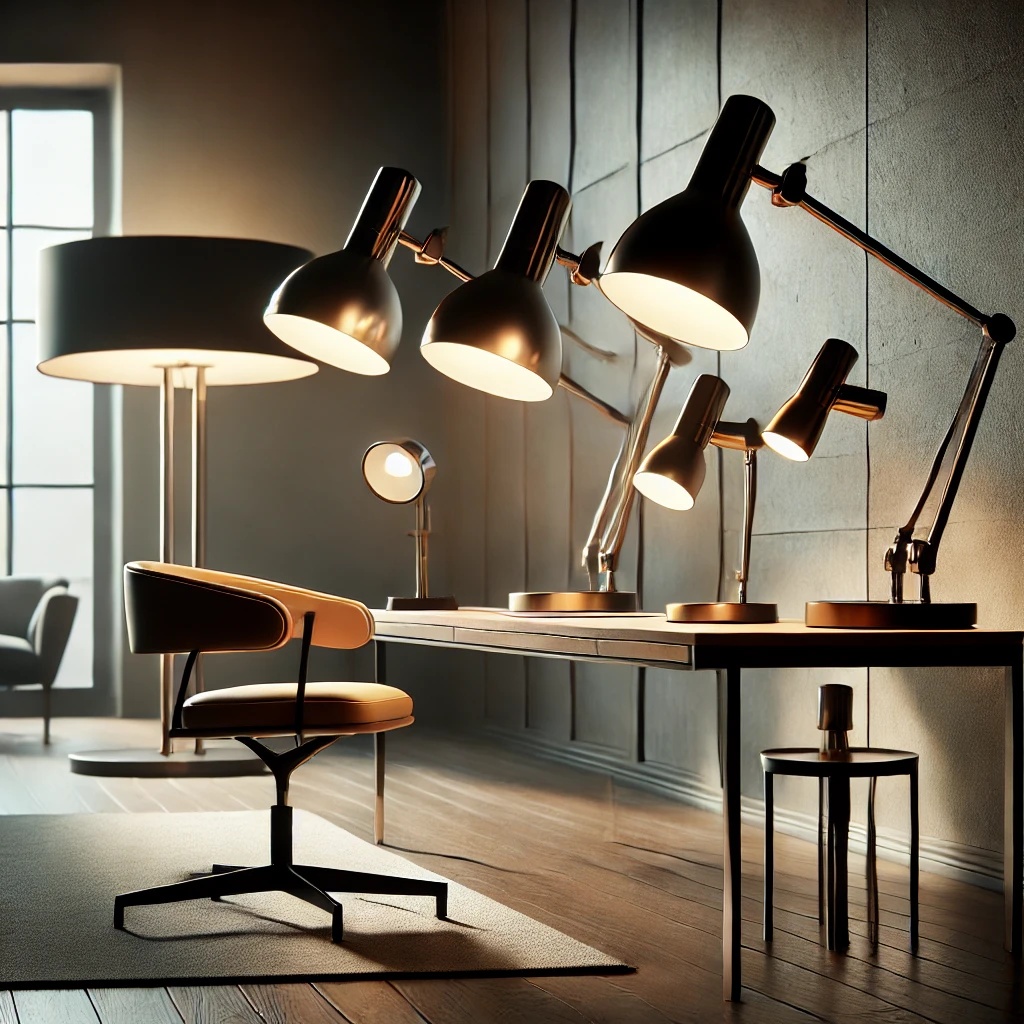 A sleek and modern lighting display featuring Artemide's Tizio and Tolomeo lamps on a stylish desk and side table, casting warm adjustable light in an elegant, contemporary setting that highlights Italian design and innovative engineering.