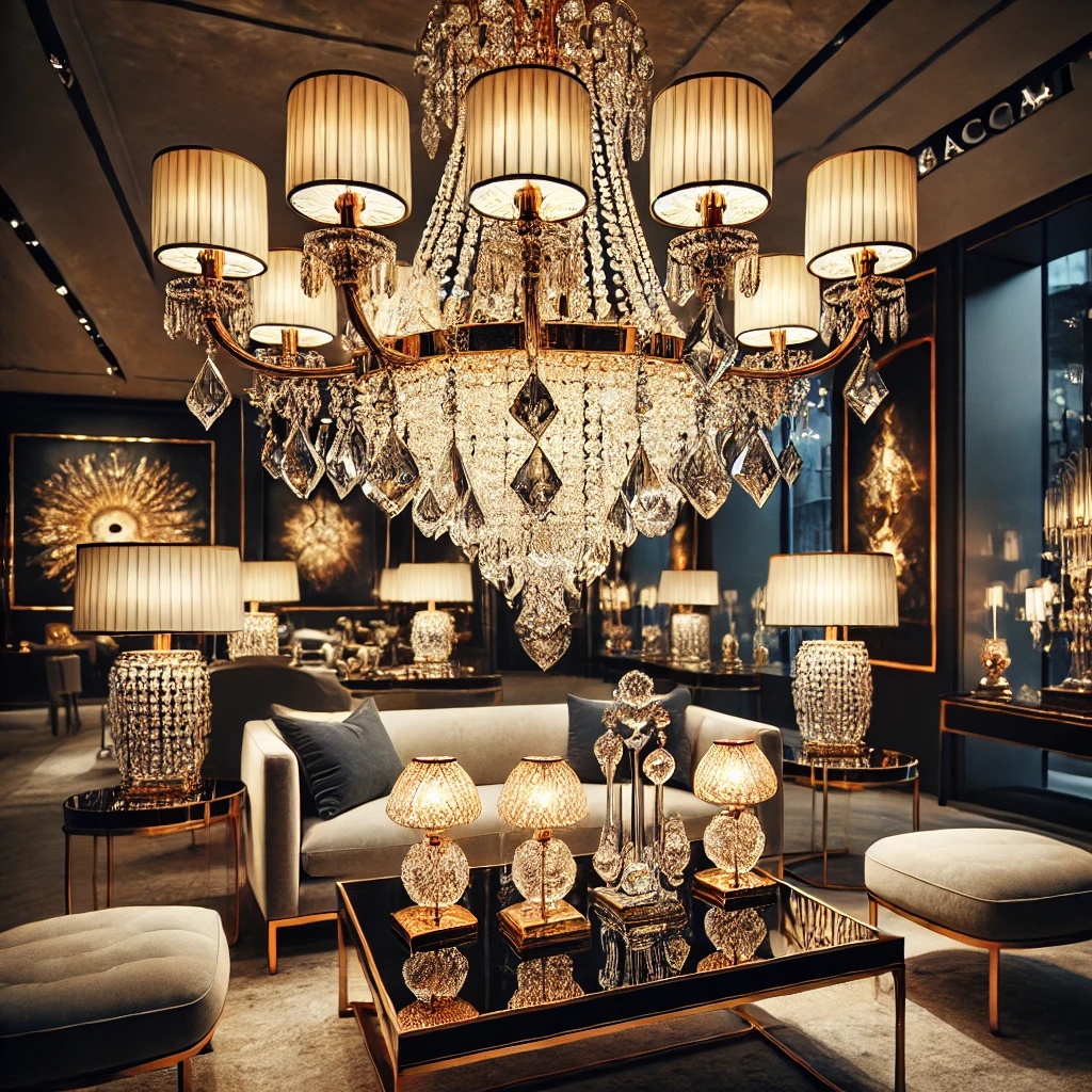 A luxurious Baccarat lighting display featuring an exquisite crystal chandelier and elegant table lamps, reflecting warm ambient light in a sophisticated setting with gold and silver accents, emphasizing timeless French craftsmanship.