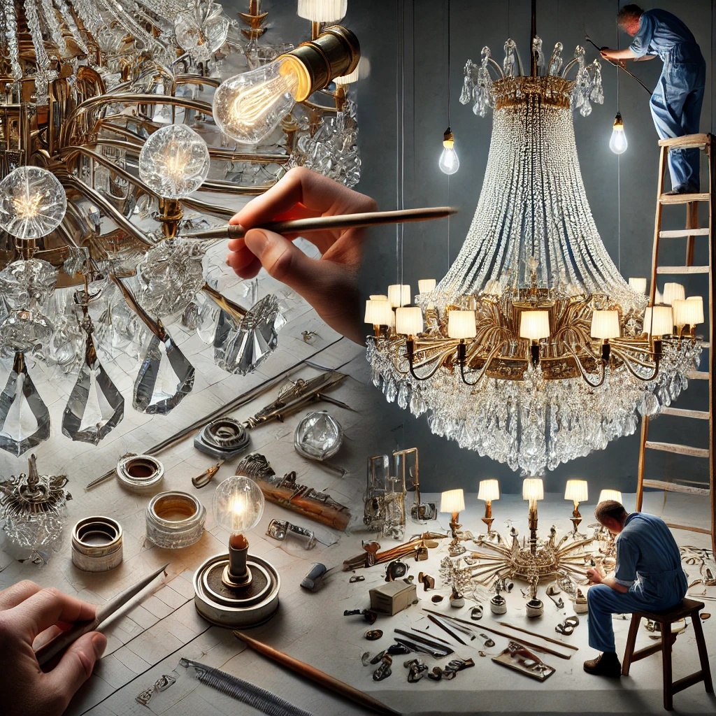 An expert artisan restoring a Baccarat chandelier and crystal table lamp, carefully polishing crystal prisms, repairing metal frameworks, and rewiring components to restore their original brilliance and elegance.