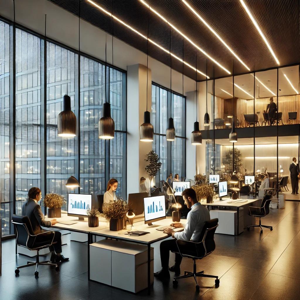 A modern business office with sleek, energy-efficient lighting, featuring LED panels and stylish pendant lights.