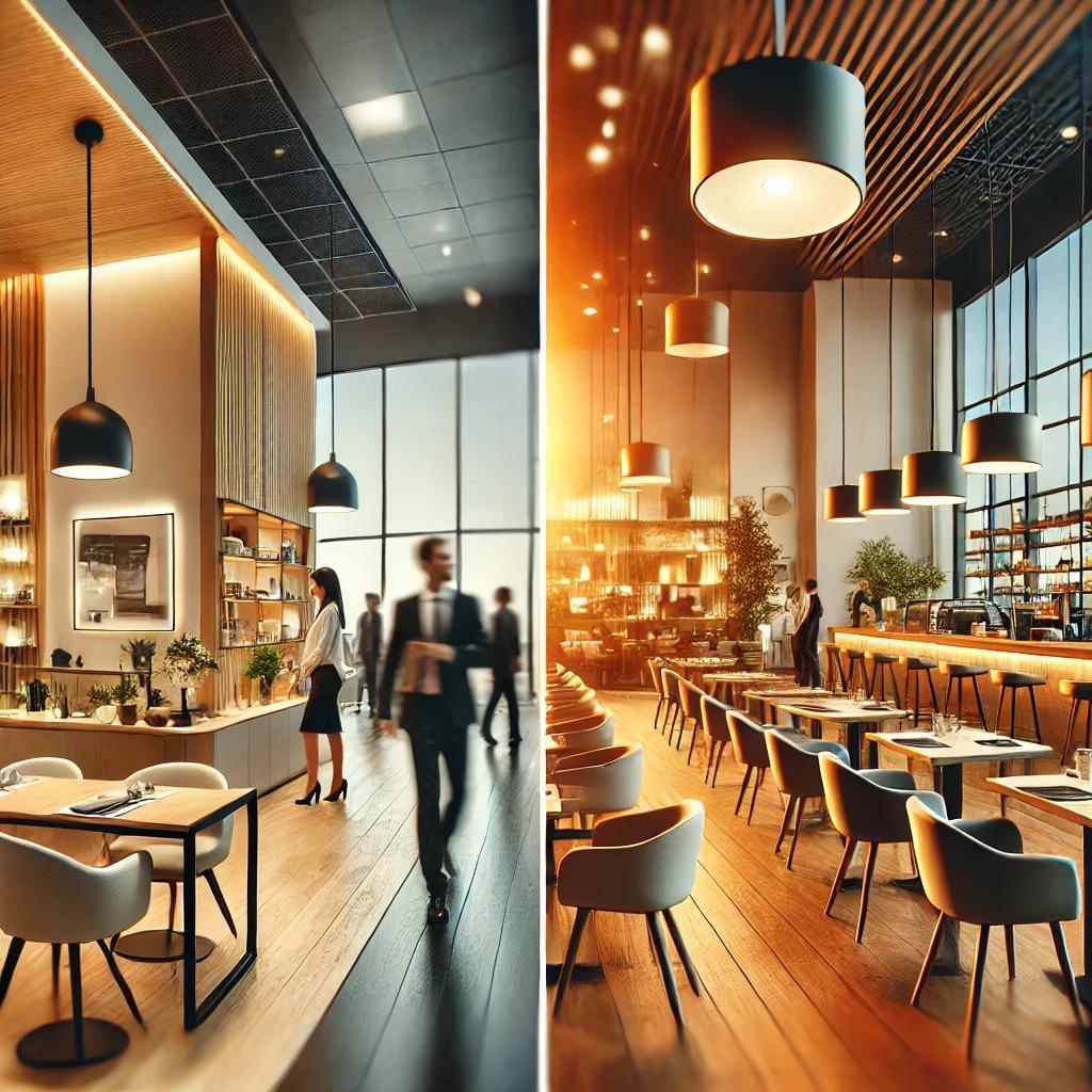 A modern, well-lit business environment showcasing various lighting solutions, including a sleek showroom with product-focused lighting, a cozy café with warm ambient lighting, a stylish restaurant with dimmable lighting, and a bright educational space with efficient overhead lighting.