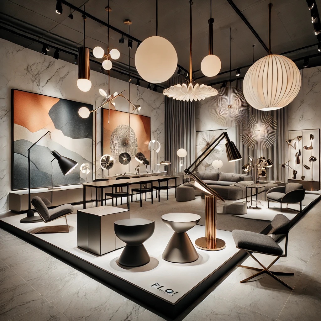 A modern Flos lighting display featuring sculptural pendant lights, sleek task lamps, and statement floor lamps in a contemporary interior, highlighting bold, innovative designs and high-end craftsmanship.