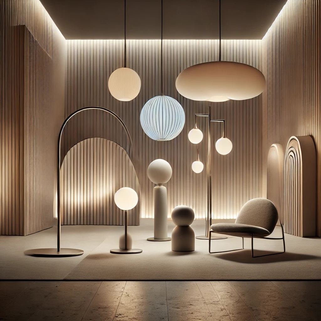 A modern and elegant Flos lighting display featuring iconic designs such as the Arco floor lamp, Skygarden pendant, and IC table lamp in a contemporary interior, highlighting sleek materials and artistic craftsmanship.