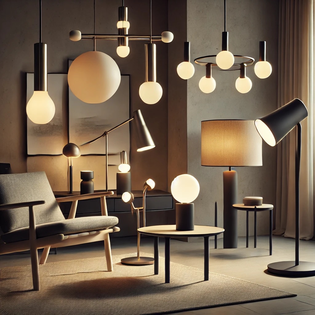 A sleek Gubi lighting display featuring contemporary Scandinavian designs such as the Bestlite table lamp, Multi-Lite pendant, and Gravity floor lamp in a modern interior with soft, ambient lighting, showcasing timeless craftsmanship and innovative aesthetics.