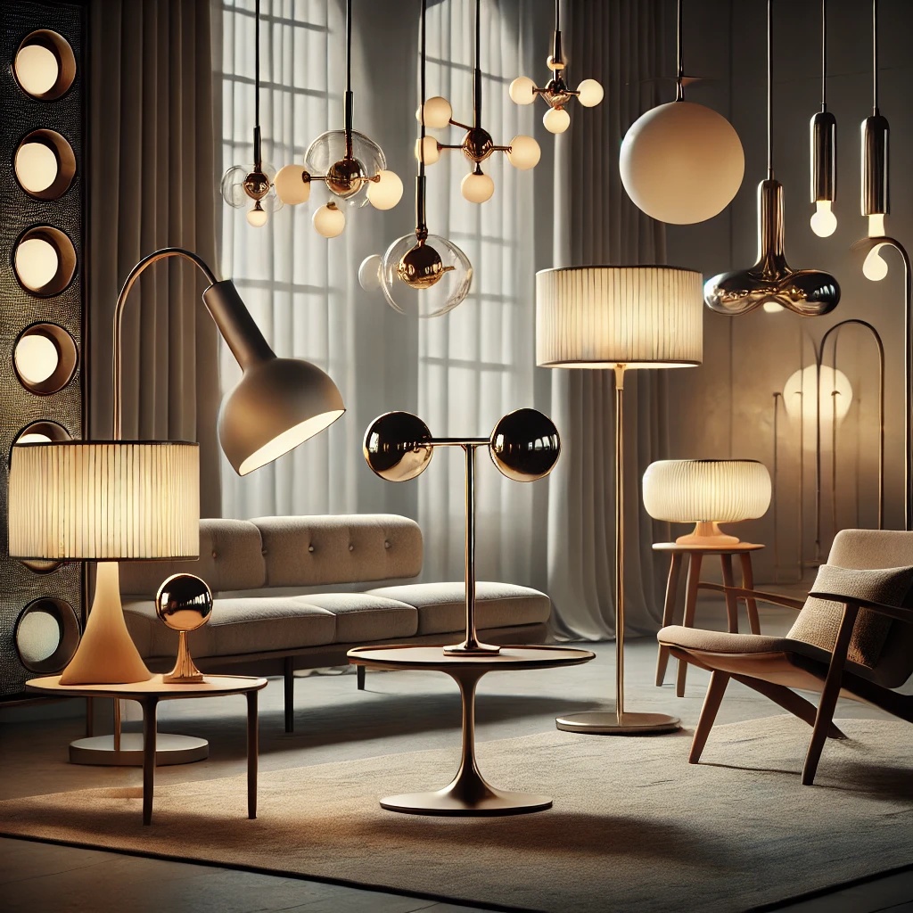 A sophisticated Gubi lighting display featuring the Bestlite table lamp, Multi-Lite pendant, and Gravity floor lamp in a stylish modern interior, emphasizing Scandinavian design and a fusion of mid-century modern and contemporary aesthetics.