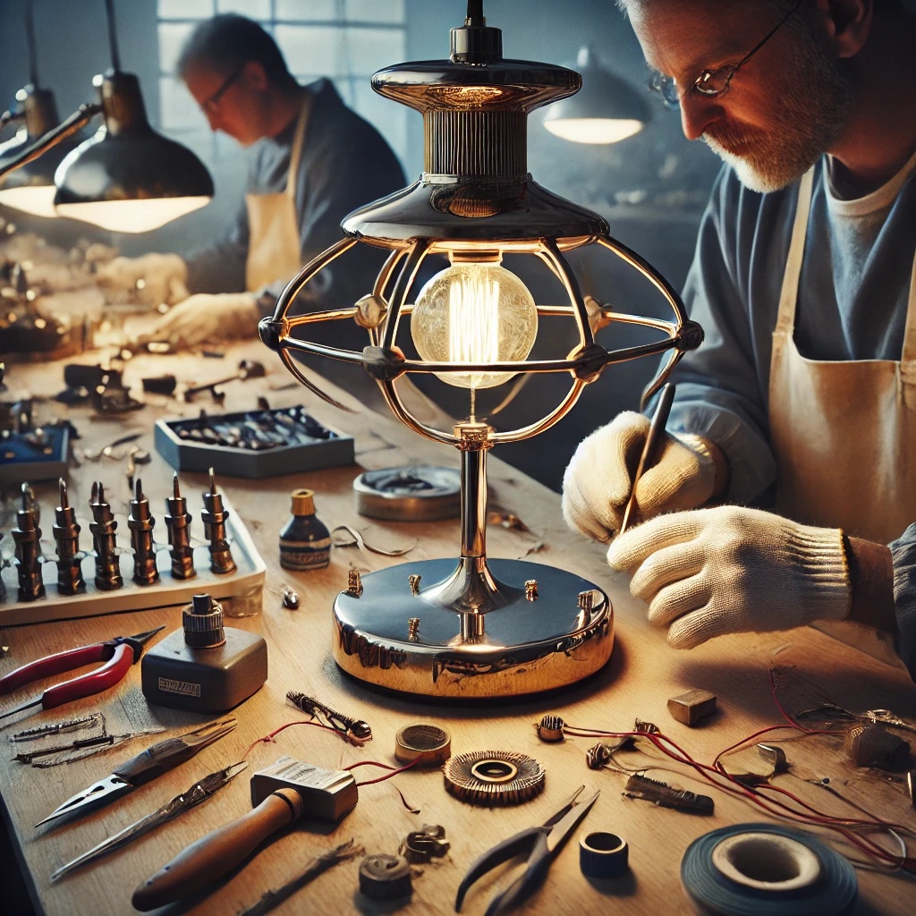 A skilled artisan restoring a Gubi lighting fixture, carefully polishing metal finishes, rewiring electrical components, and ensuring the sleek, modern design is preserved with precision and expertise.