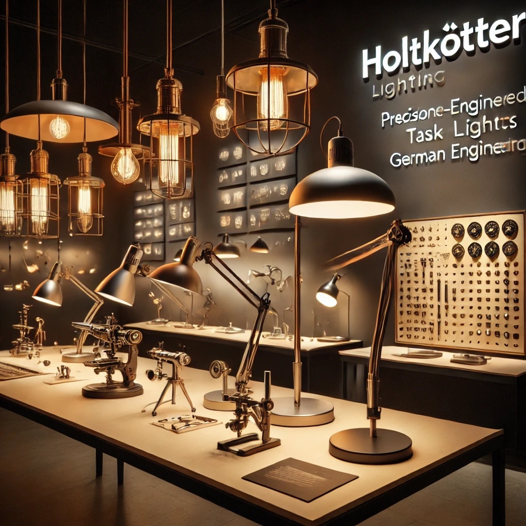 A refined Holtkötter lighting display featuring precision-engineered pharmacy lamps, swing-arm task lights, and modern chandeliers in a contemporary interior, showcasing durability, craftsmanship, and innovative German engineering.
