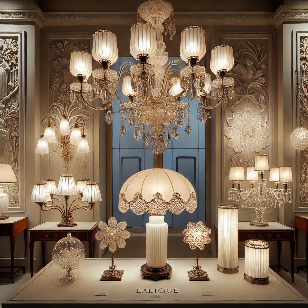 An exquisite Lalique lighting display featuring frosted crystal chandeliers, intricately sculpted table lamps, and elegant wall sconces in a refined interior with soft, diffused lighting, highlighting delicate craftsmanship and Art Deco-inspired beauty.