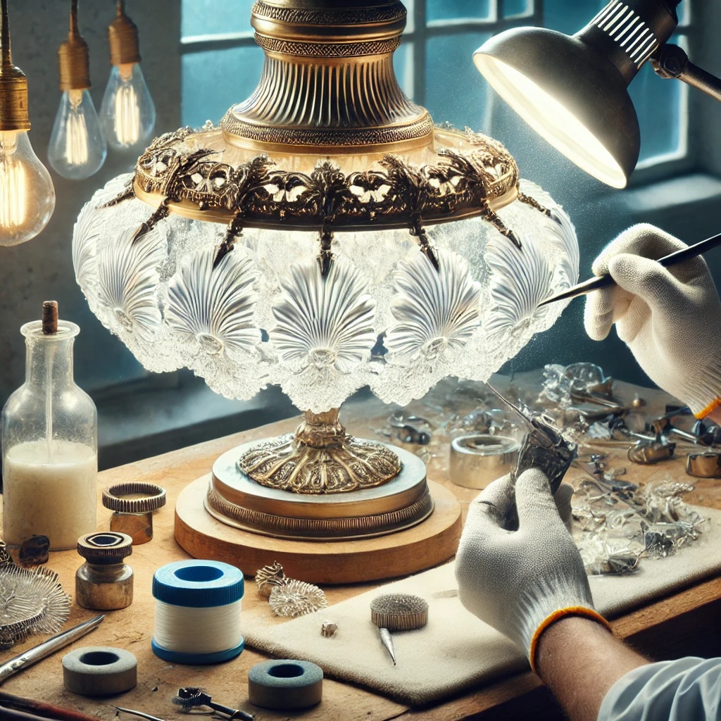 An artisan restoring a Lalique lighting fixture, meticulously polishing crystal glass, repairing delicate frosted details, and restoring metal accents to revive its original brilliance.