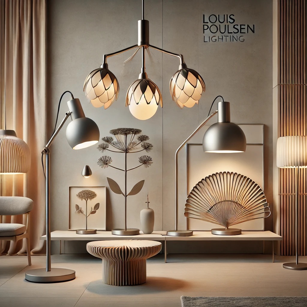 A stylish Louis Poulsen lighting display featuring the PH Artichoke chandelier, AJ floor lamp, and PH5 pendant in a modern, minimalist interior with soft, diffused lighting, highlighting Scandinavian craftsmanship and elegant simplicity.