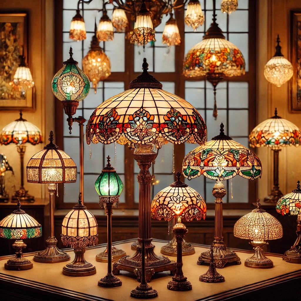 A classic Tiffany & Co. lighting display featuring iconic stained glass table lamps, intricate pendant lights, and elegant wall sconces in a warm, vintage-inspired interior with rich, colorful illumination, highlighting timeless craftsmanship and artistic beauty.