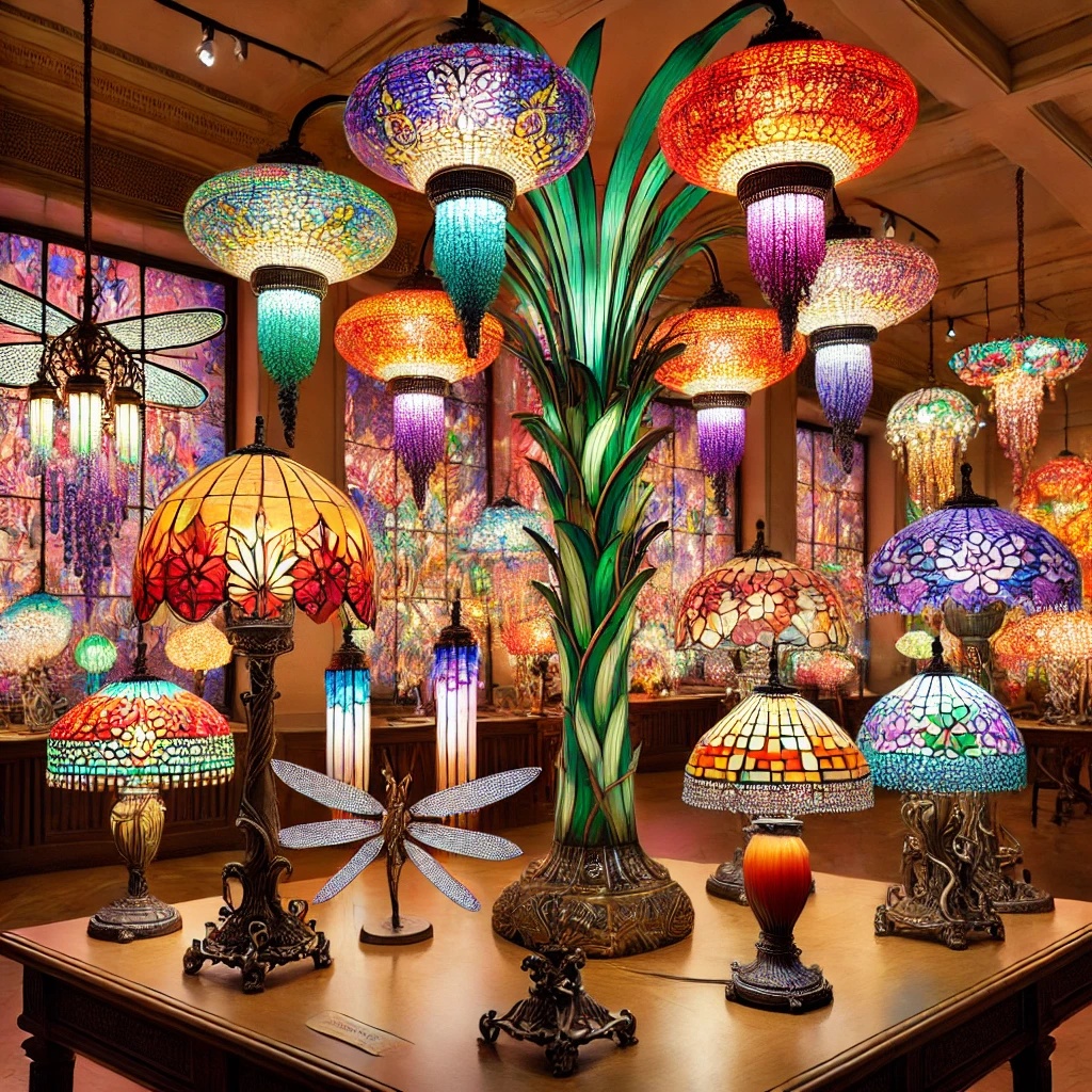 A grand Tiffany & Co. lighting display featuring vibrant stained glass chandeliers, classic Dragonfly and Wisteria table lamps, and intricate wall sconces in a warm, vintage-inspired interior with colorful illumination, showcasing intricate craftsmanship and artistic beauty.