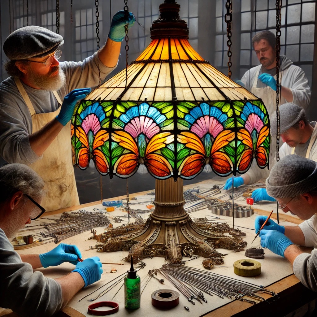 An artisan carefully restoring a Tiffany & Co. stained glass lighting fixture, repairing cracked glass panels, reinforcing lead framework, and restoring vibrant colors to preserve its intricate design and craftsmanship.