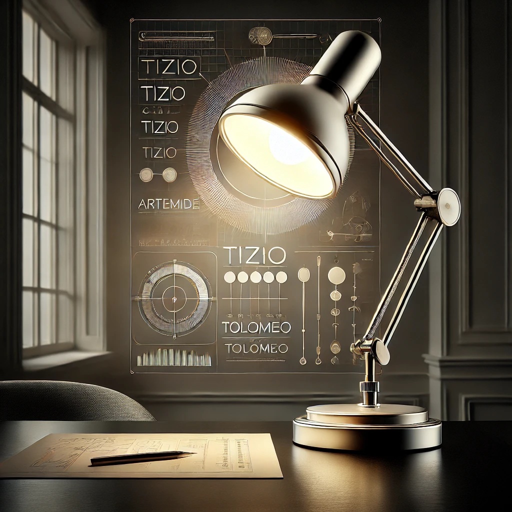 A restored Artemide Tolomeo lamp on a sleek desk, casting a warm, functional glow in a refined interior setting, symbolizing precision engineering and timeless Italian design.