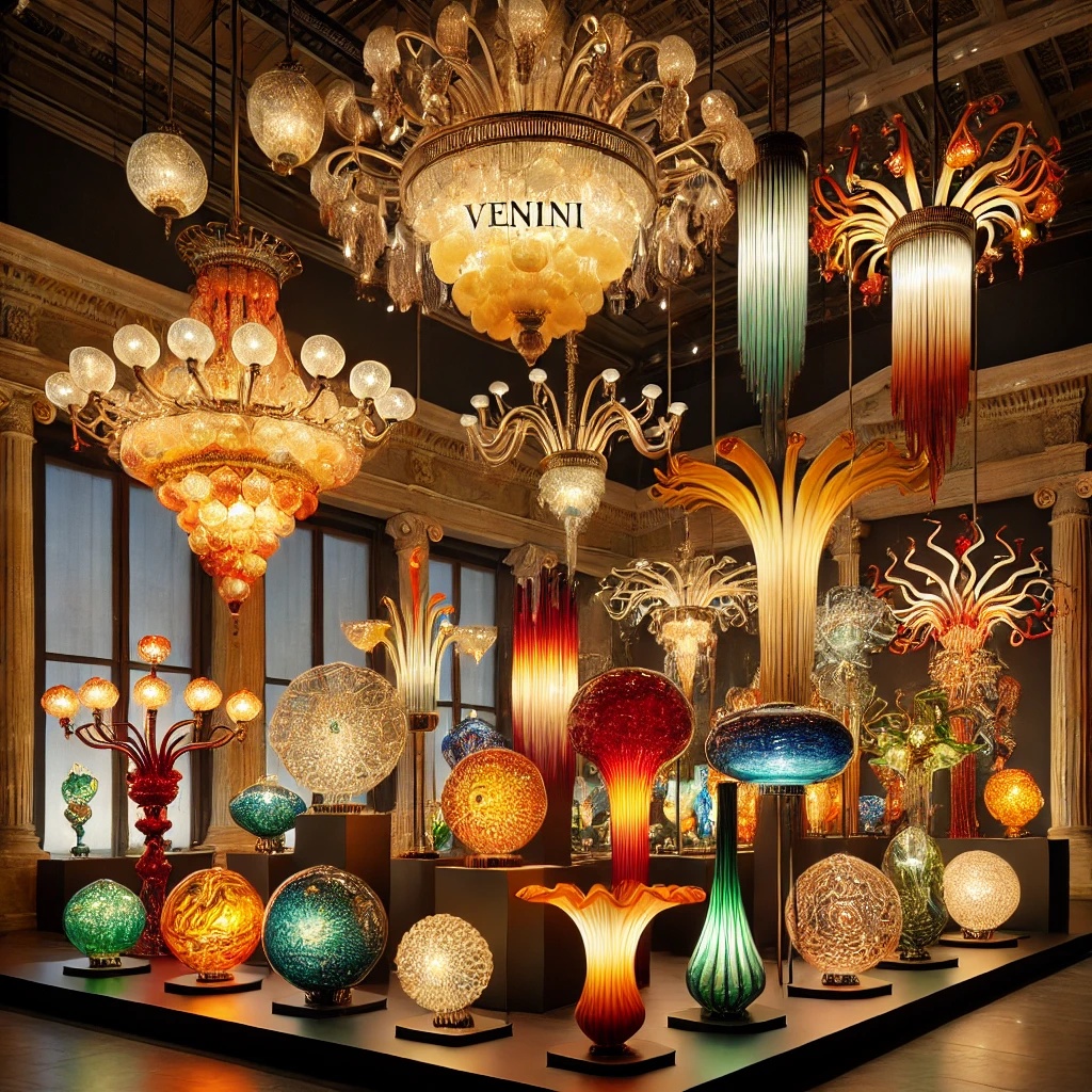 A stunning Venini lighting display featuring hand-blown Murano glass chandeliers, vibrant glass pendant lights, and intricate sculptural lamps in an elegant interior with warm, glowing illumination, showcasing artistic craftsmanship and Venetian glassmaking tradition.