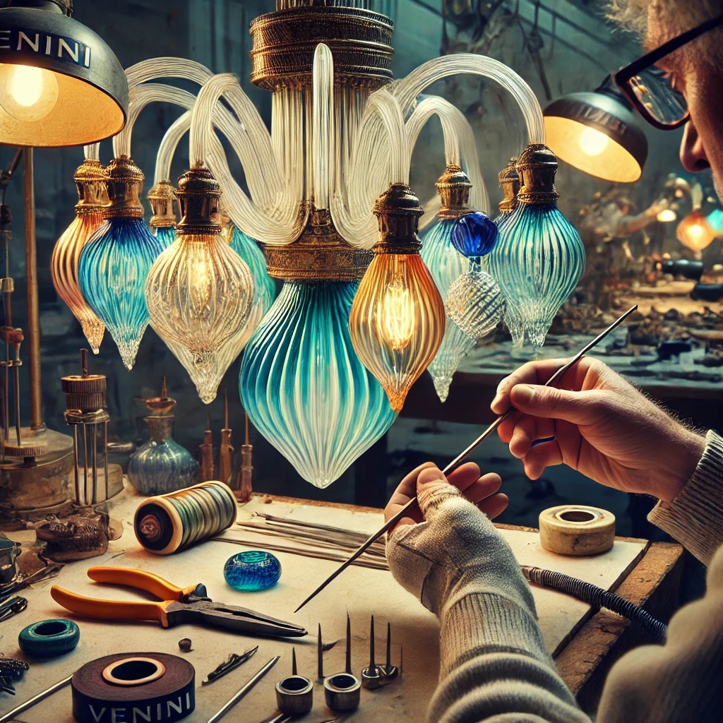 An artisan carefully restoring a Venini Murano glass lighting fixture, repairing delicate hand-blown glass elements, restoring vibrant colors, and polishing metal frameworks to preserve its artistic beauty and integrity.