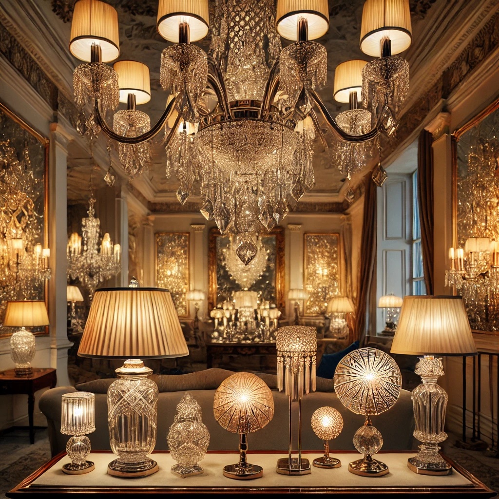 An elegant Waterford lighting display featuring hand-cut crystal chandeliers, luxurious table lamps, and sophisticated wall sconces in a grand interior with warm, radiant lighting, showcasing intricate craftsmanship and timeless beauty.