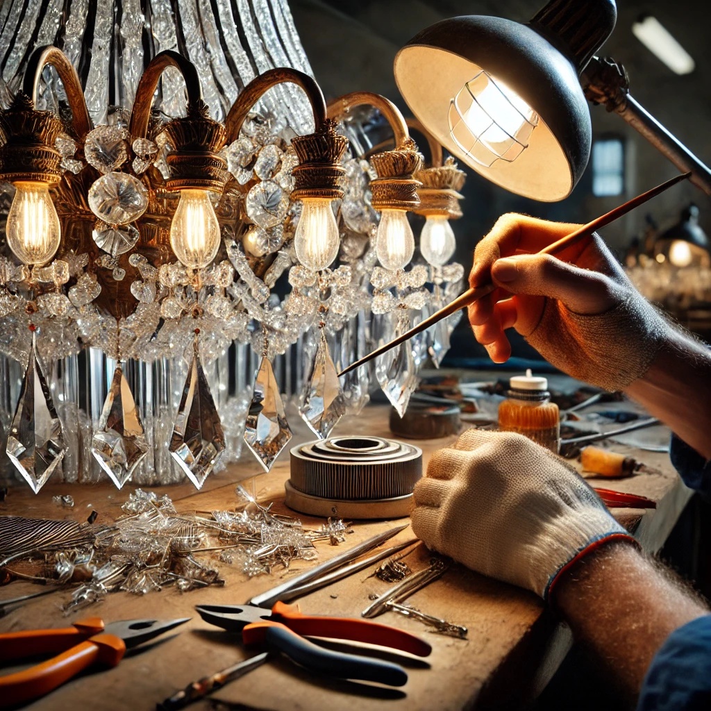 An artisan meticulously restoring a Waterford crystal chandelier, polishing hand-cut crystal prisms, refining delicate metal accents, and rewiring the fixture to revive its brilliance and elegance.